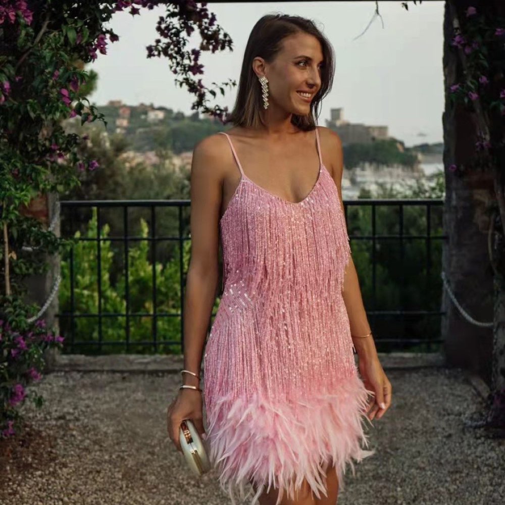 Feather fringe sequin mini dress