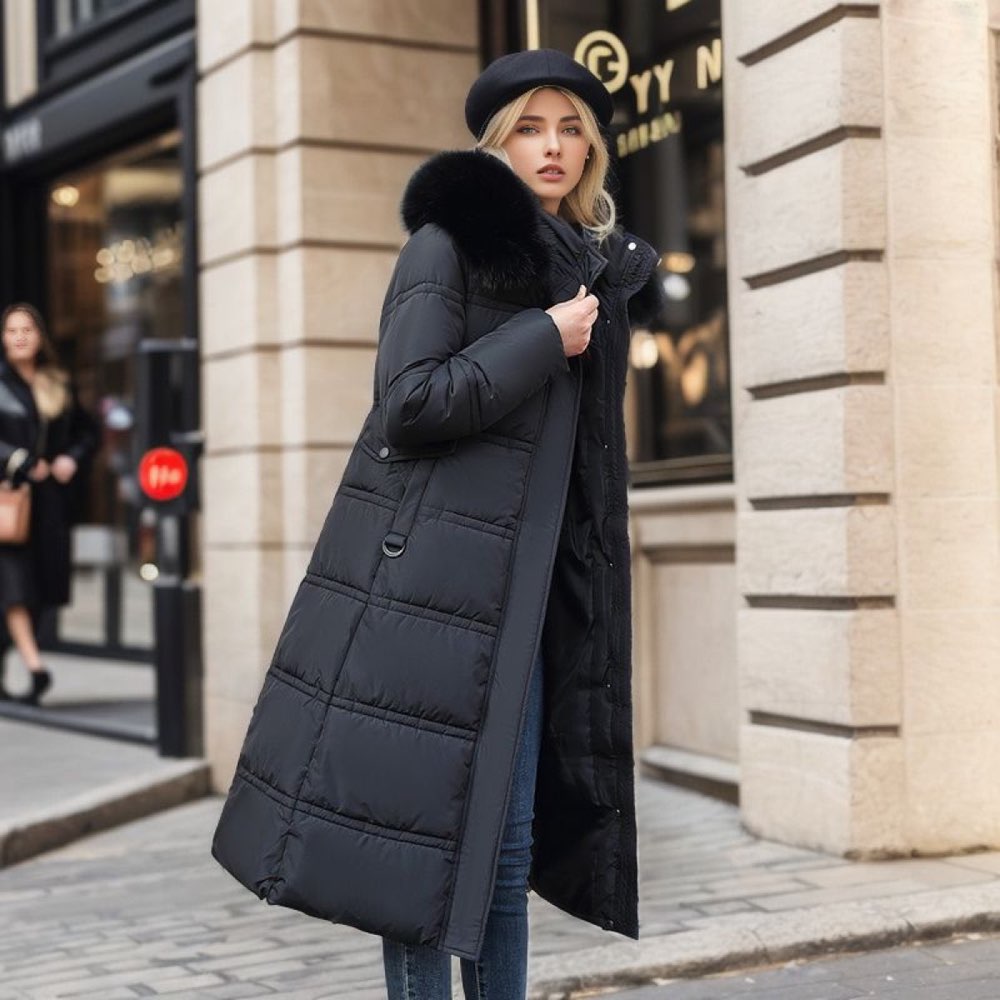 Long puffer coat with faux-fur hood