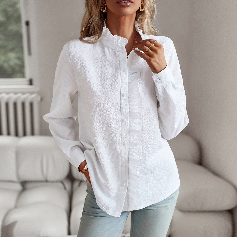Striped ruffle button-up shirt